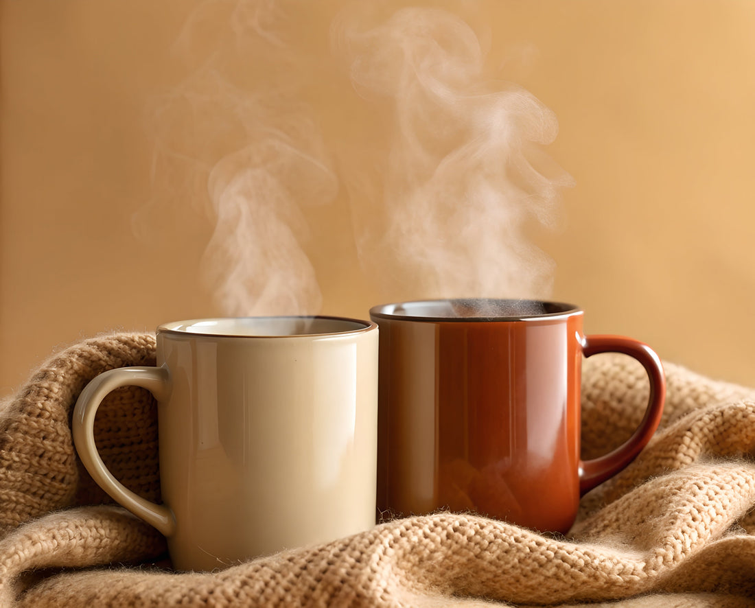 Two steaming mugs of tea surrounded by a soft knitted blanket, representing comfort, connection and the simple kindness of sharing a quiet moment.