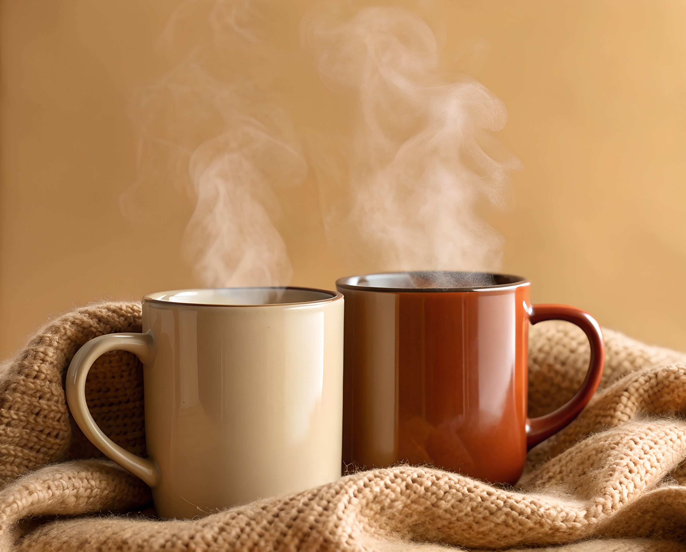Two steaming mugs of tea surrounded by a soft knitted blanket, representing comfort, connection and the simple kindness of sharing a quiet moment.