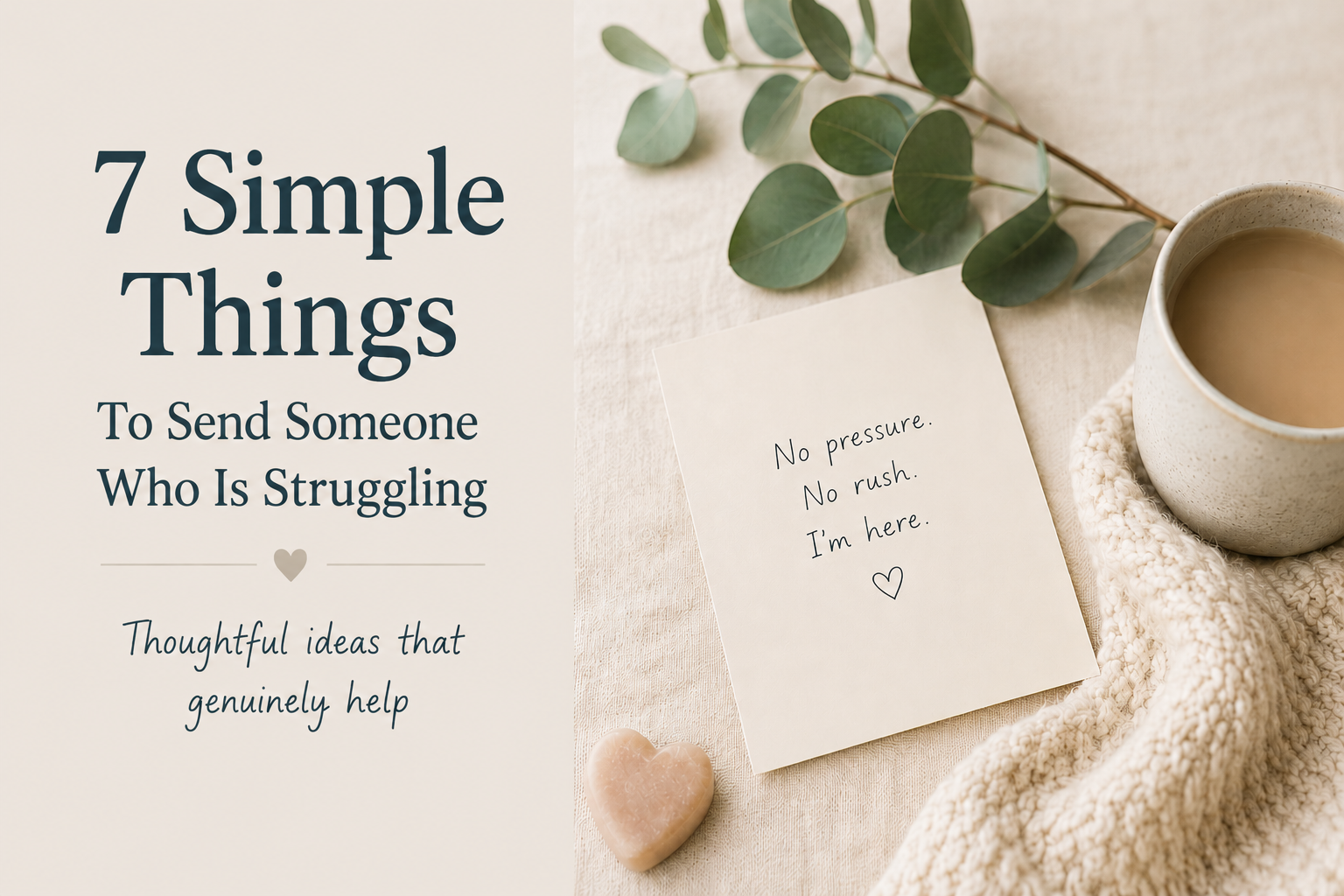 Flat lay image for 7 simple things to send someone who is struggling, featuring a handwritten note, cup of tea and calm neutral setting