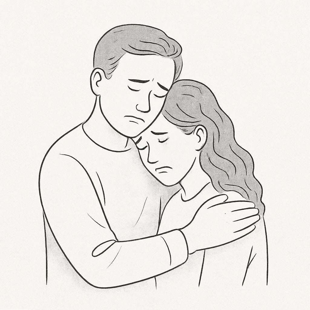 Line drawing of a couple with sad faces hugging