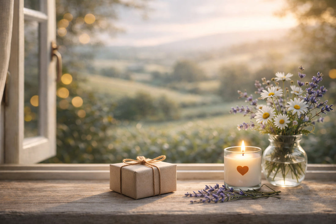 Thoughtful gift for anxiety on a windowsill with candle and countryside view