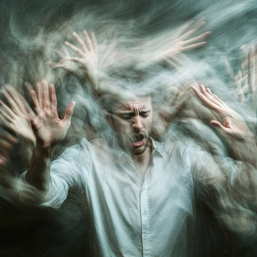 A man standing with his hands raised, eyes closed and overwhelmed, surrounded by swirling blurred hands and smoky motion representing anxiety and sensory overload.