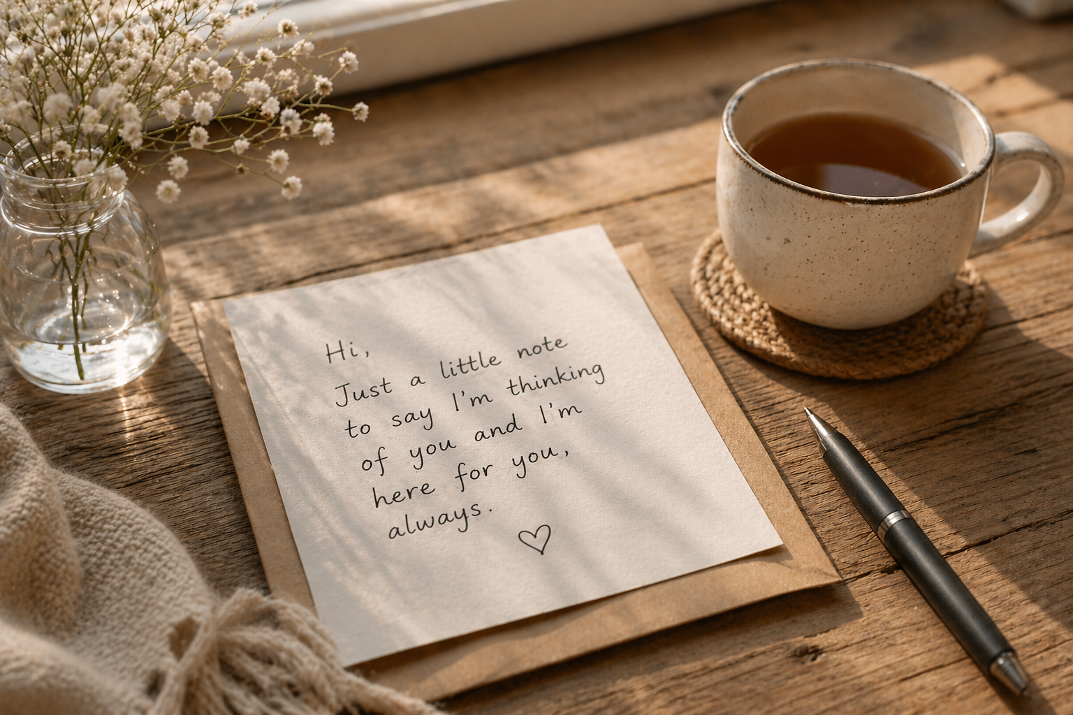 Thoughtful handwritten note and cup of tea offering comfort to someone who is struggling