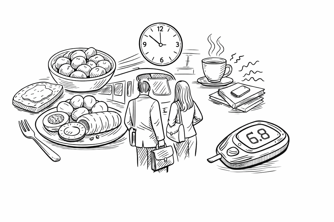 Black and white line illustration showing a bowl of roast potatoes, a clock reading 9:54, a commuter train with two people standing in front of it, and a blood glucose meter displaying 6.8.
