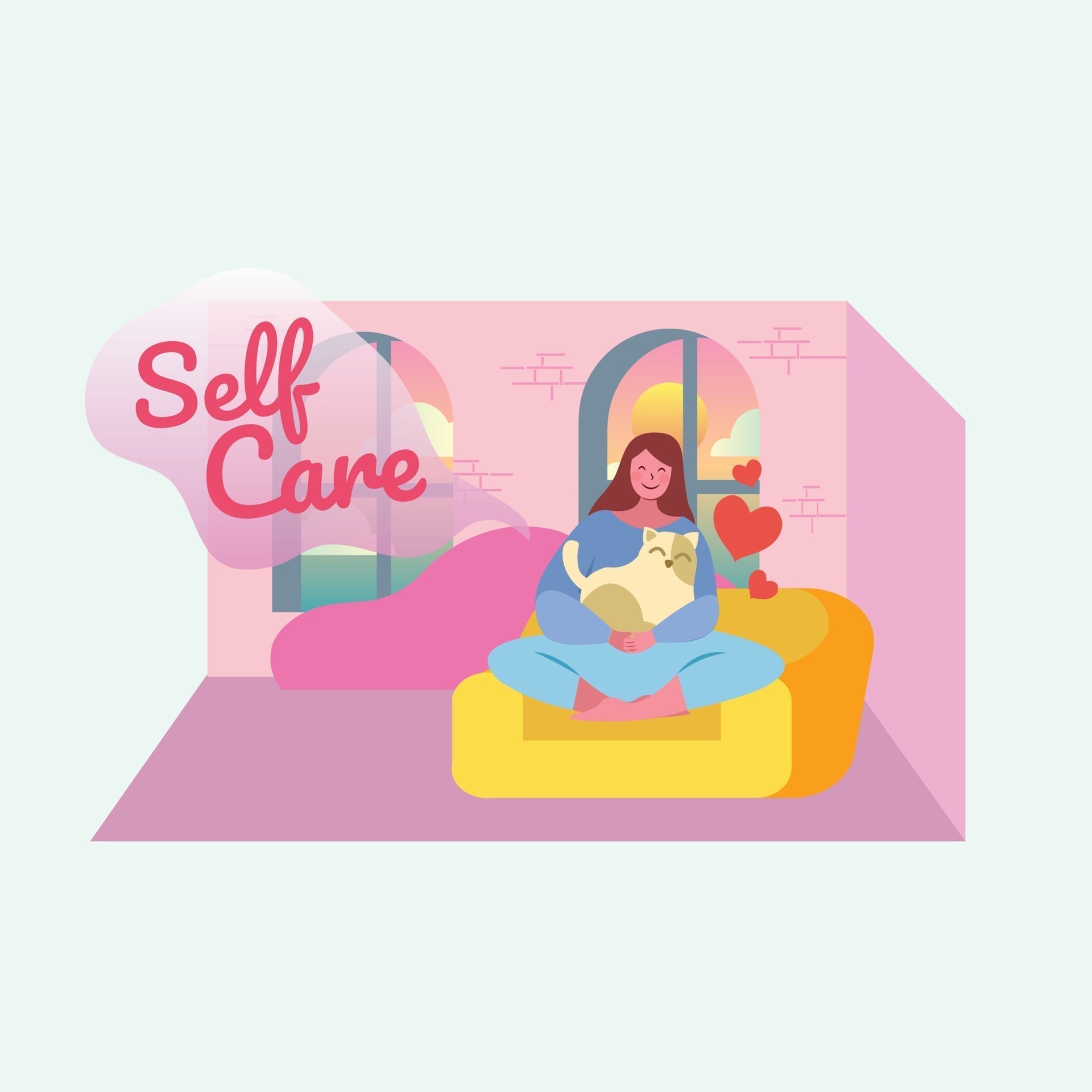Illustration of a woman relaxing at home with her cat representing self care