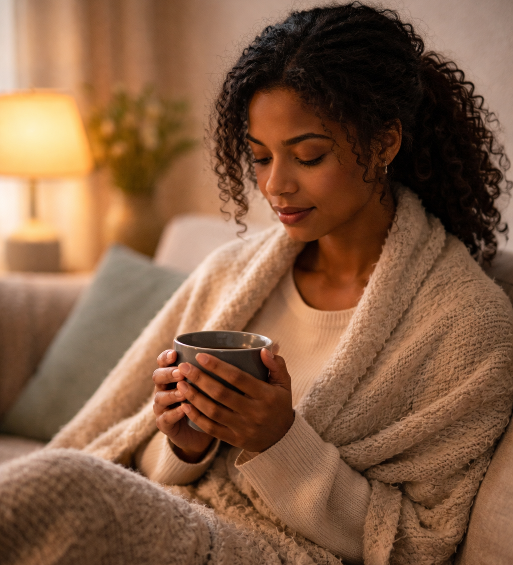 Calm lifestyle image of a woman wrapped in a blanket, holding a mug of tea on a sofa in warm evening light, conveying comfort and quiet support during a difficult time