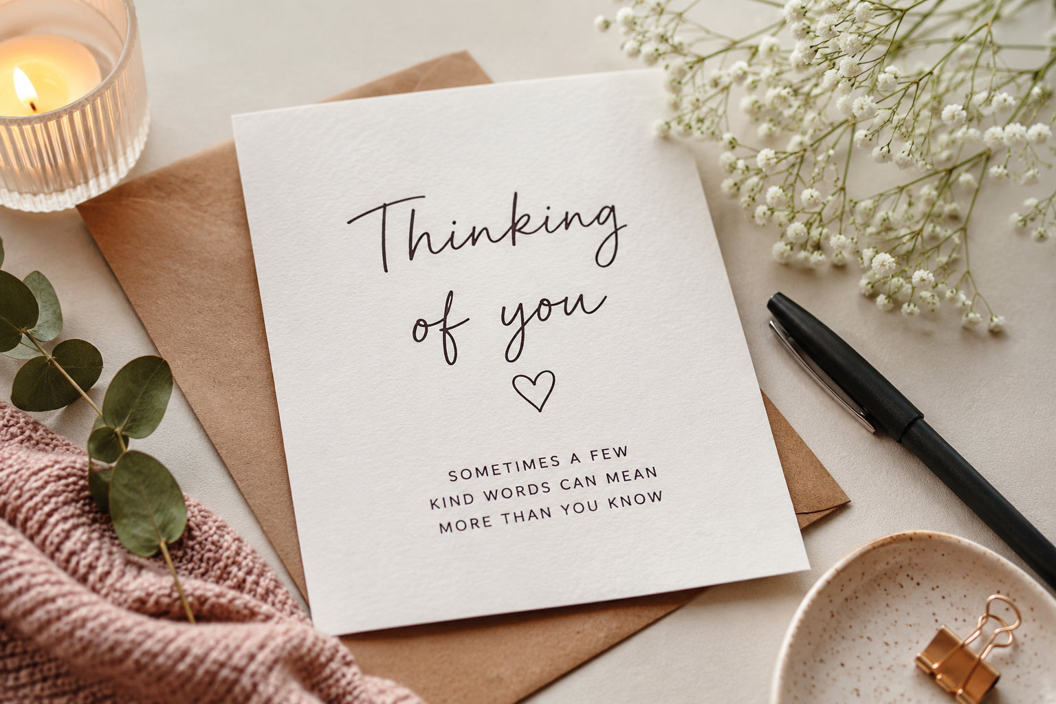 Handwritten thinking of you card with envelope, candle and flowers, representing heartfelt messages and thoughtful support during difficult times.