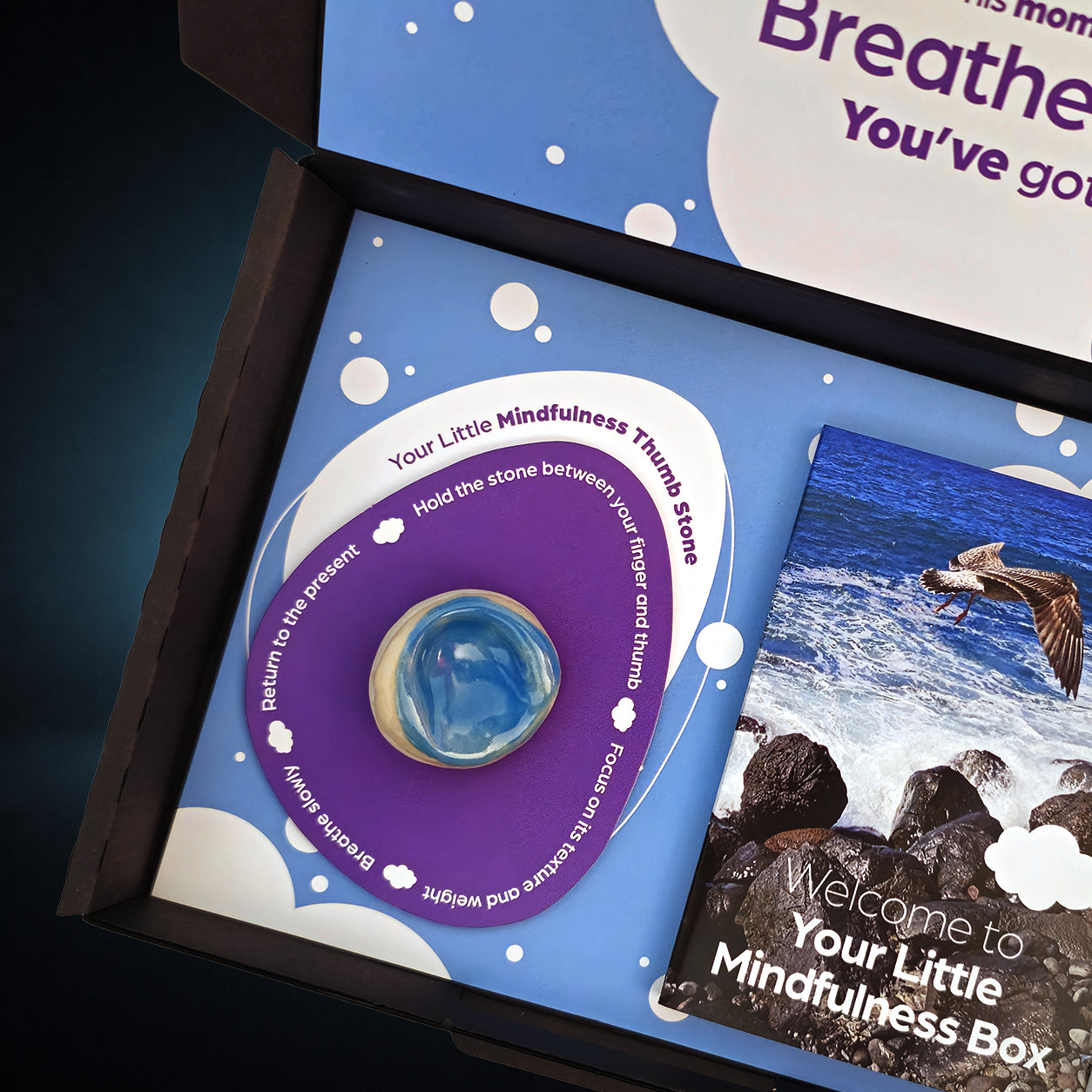 Mindfulness gift featuring a grounding worry stone with mindfulness breathing guide and welcome booklet inside a premium gift box