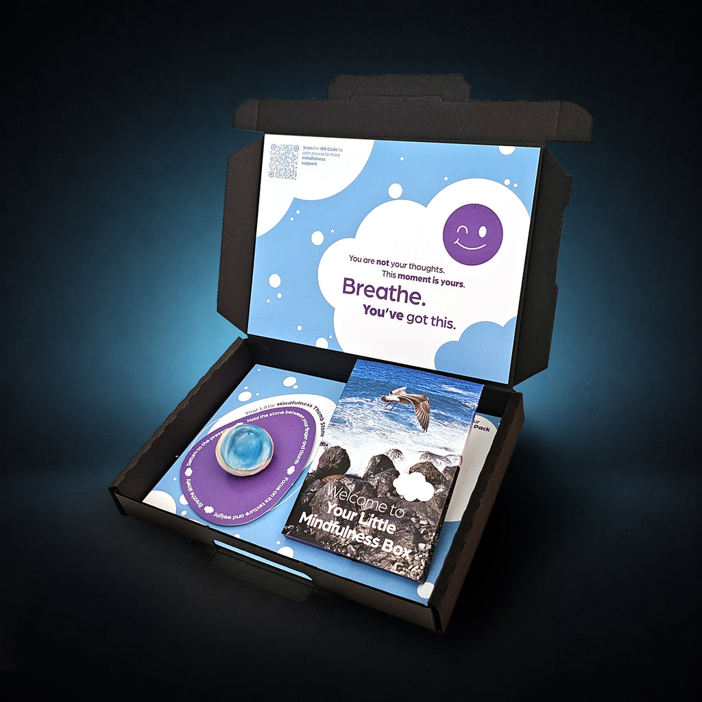 Mindfulness gift box with grounding worry stone, mindfulness booklet and positive affirmation card in a luxury black presentation box