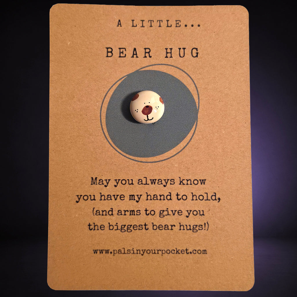 A Little Bear Hug mindfulness pebble with cute bear face on comforting affirmation card.