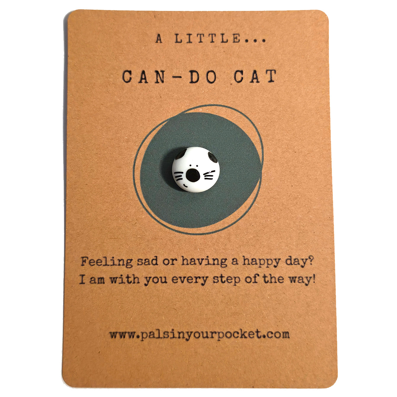 A Little Can-Do Cat mindfulness pebble with cute cat face on motivational affirmation card.