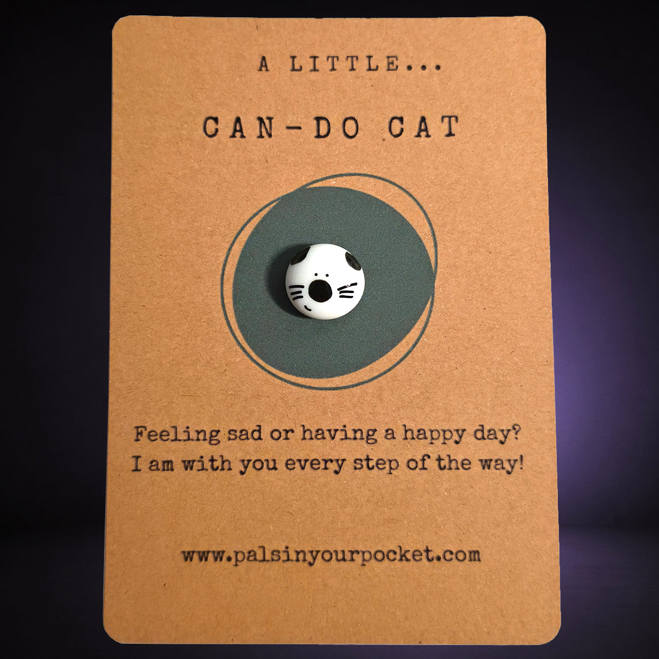 A Little Can-Do Cat mindfulness pebble with cute cat face on motivational affirmation card.