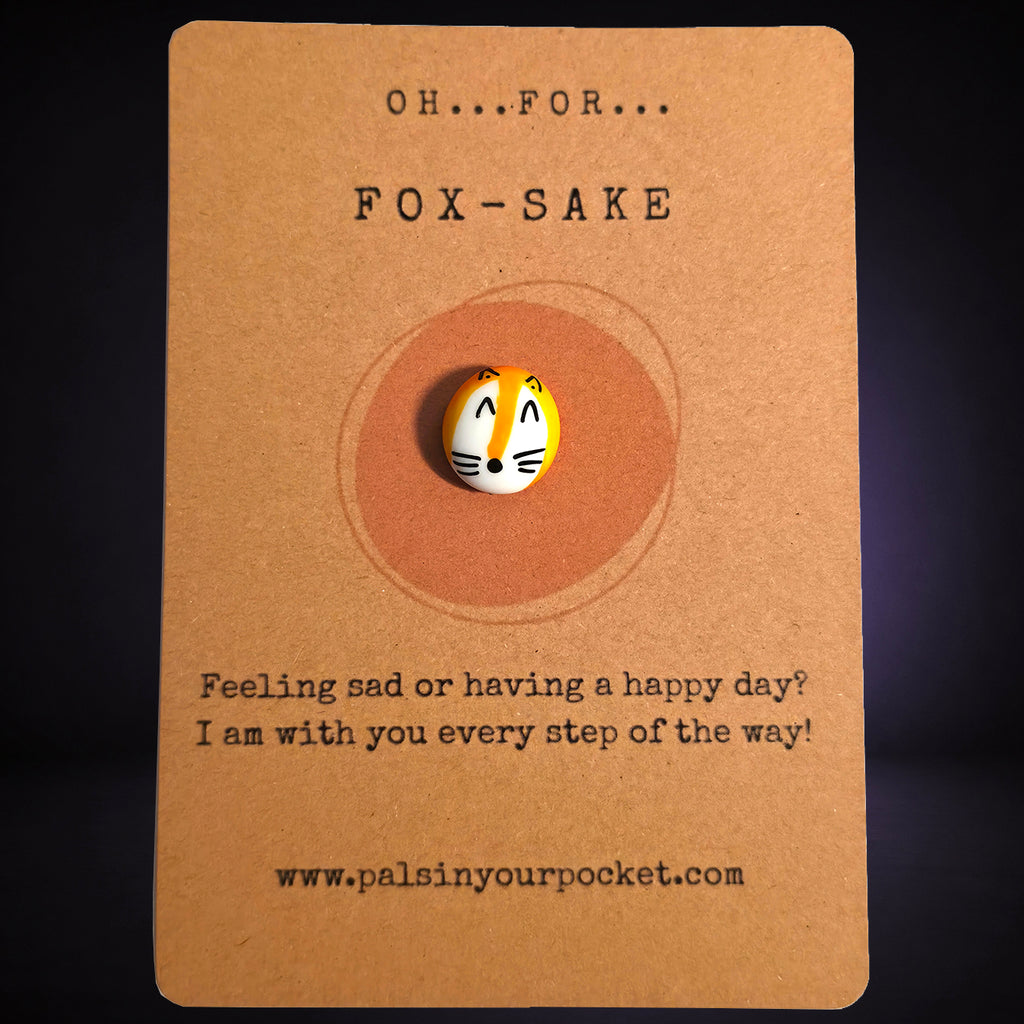 Oh For Fox Sake mindfulness pebble with cute fox face on playful affirmation card.