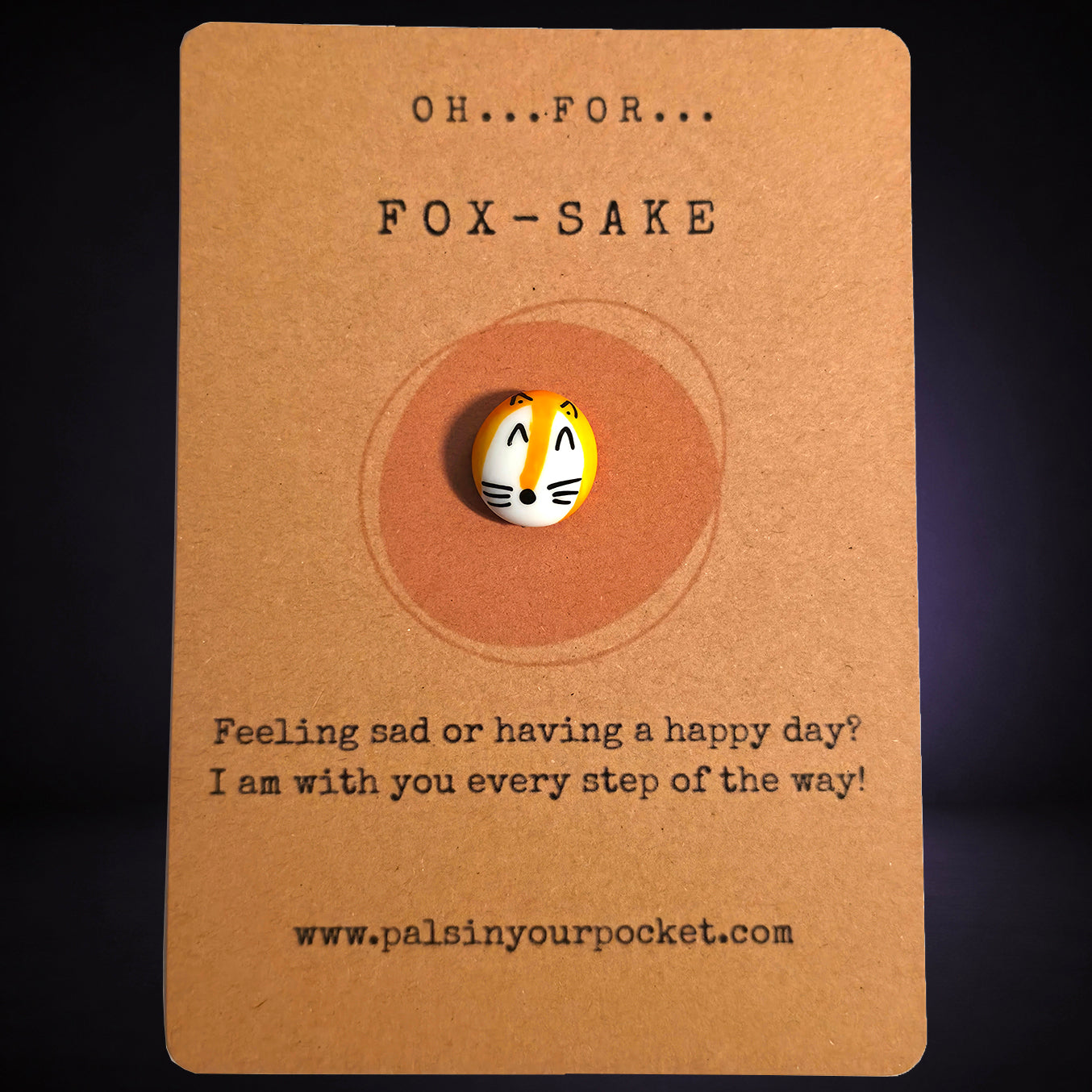 Oh For Fox Sake mindfulness pebble with cute fox face on playful affirmation card.