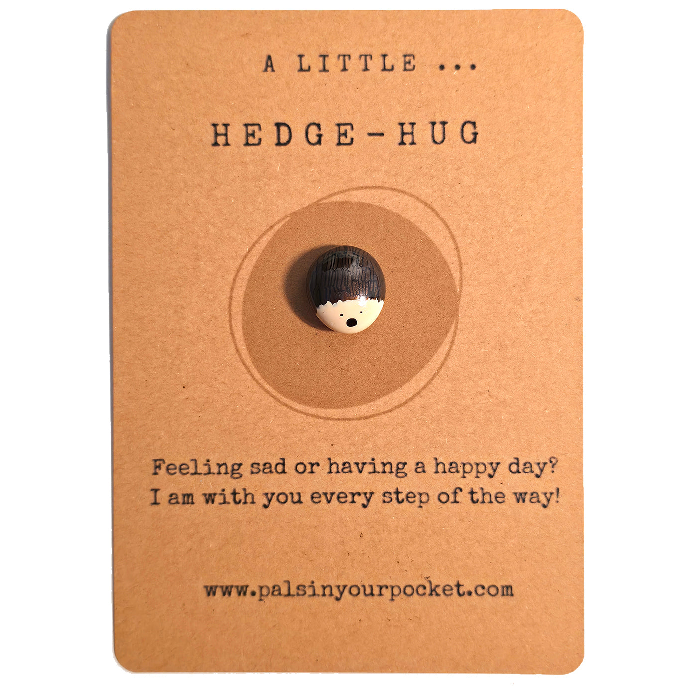 A Little Hedge Hug mindfulness pebble with cute hedgehog design on affirmation card offering comfort and support.
