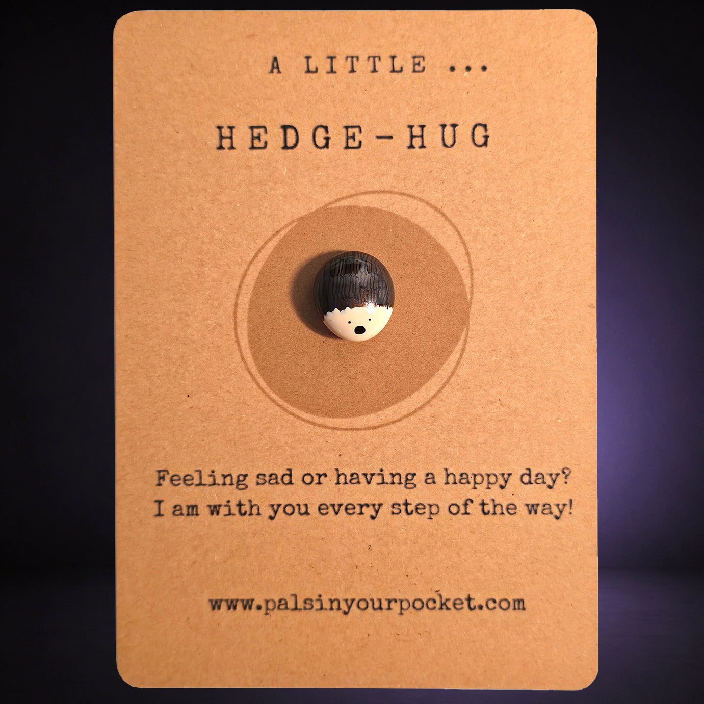 A Little Hedge Hug mindfulness pebble with cute hedgehog design on affirmation card offering comfort and support.