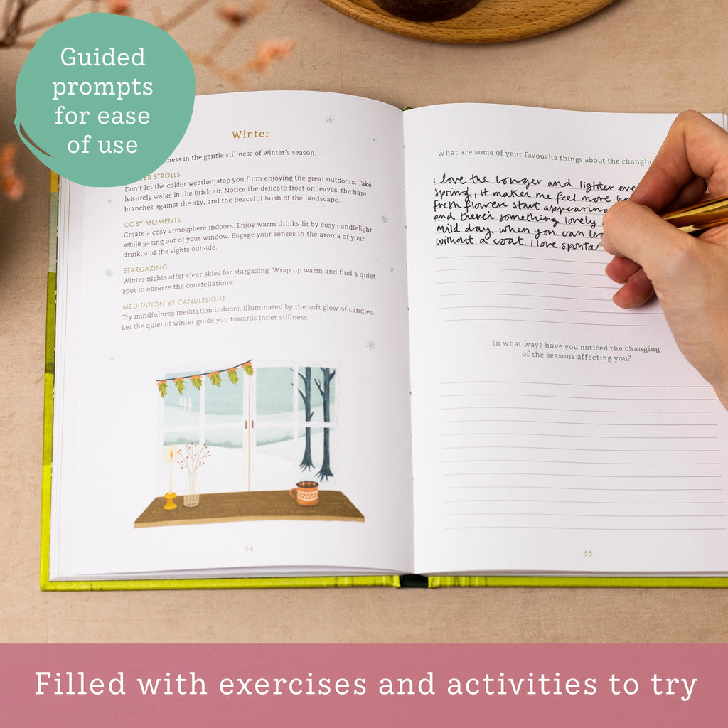 Open self care journal with guided mindfulness prompts, journaling exercises and wellbeing activities