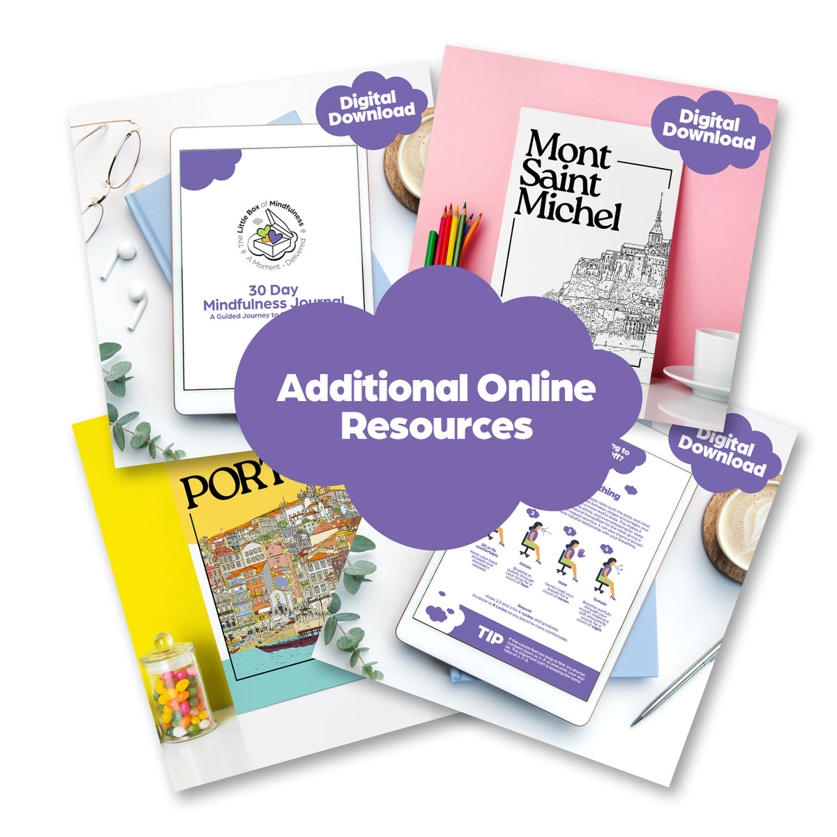 Collection of digital download resources with colorful covers on a white background