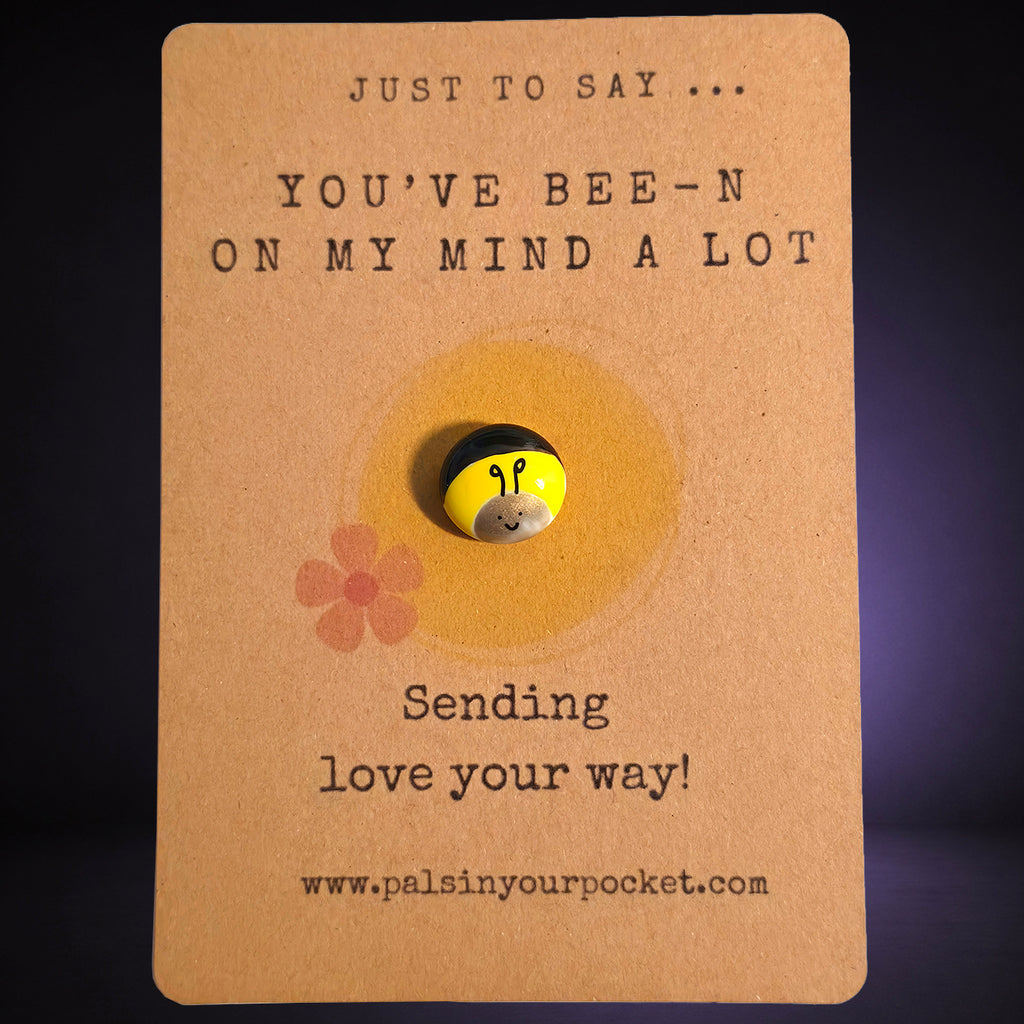 Just to Say You've Been on My Mind a Lot mindfulness pebble with cute bee on thoughtful affirmation card.
