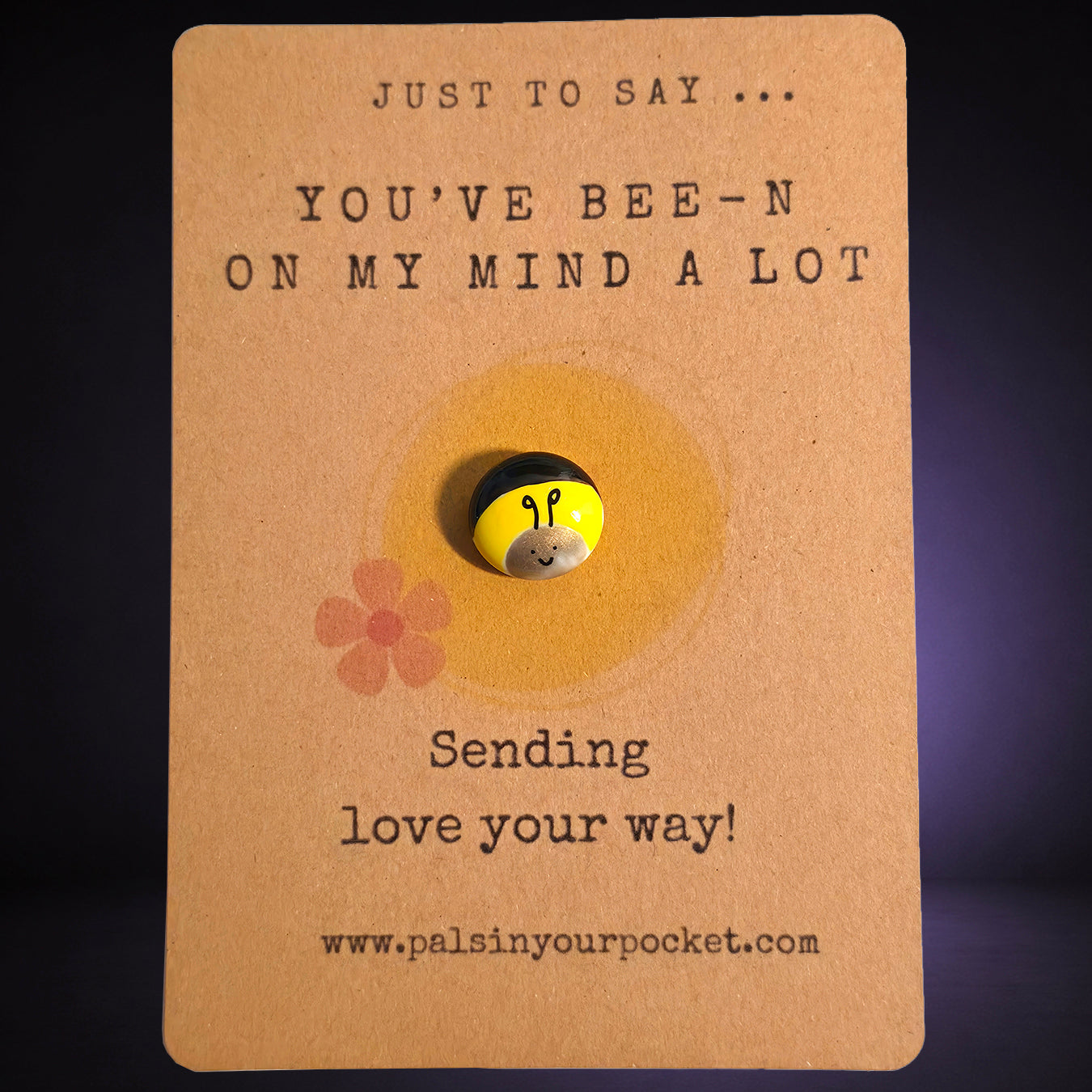 Just to Say You've Been on My Mind a Lot mindfulness pebble with cute bee on thoughtful affirmation card.