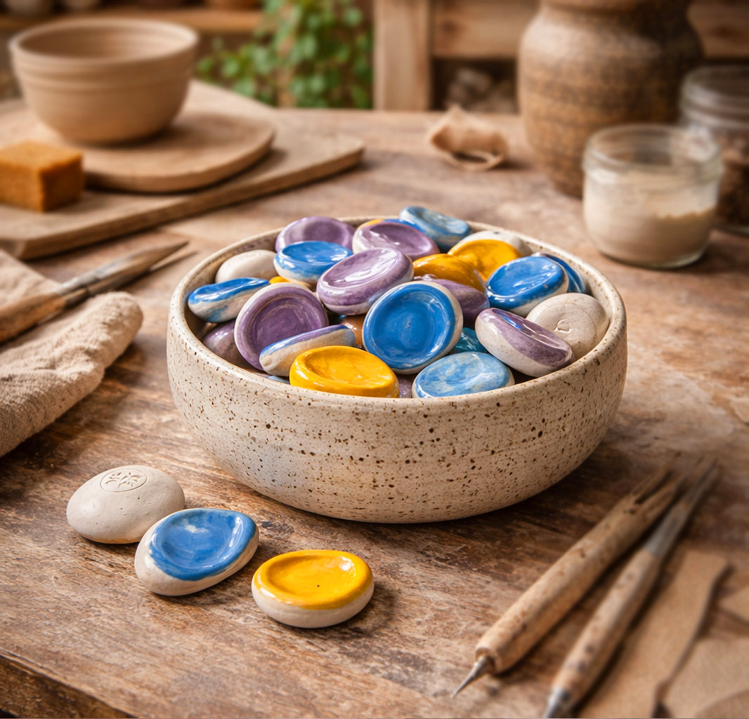 Handmade grounding stones in a bowl on a wooden table with pottery tools and materials.
