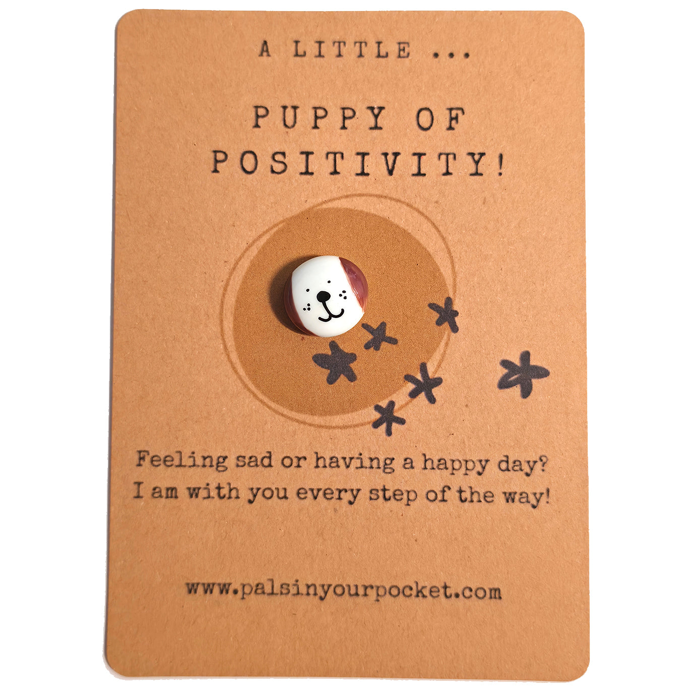A Little Puppy of Positivity mindfulness pebble with cute dog face on affirmation card offering encouragement and support.