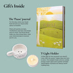 Gift set featuring a 'Pause' journal, a white ceramic t-light holder, and a candle on a solid teal background with descriptive text.