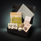 Self care gift box with wellbeing journal, grounding stone, artisan chocolate, tea, ceramic tea light holder and mindfulness gifts