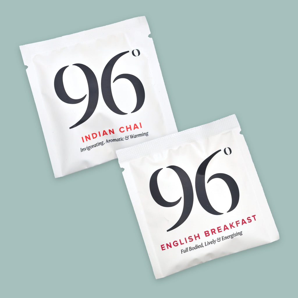 Two white tea sachets labeled 96° Indian Chai and 96° English Breakfast, arranged diagonally on a muted sage green background.