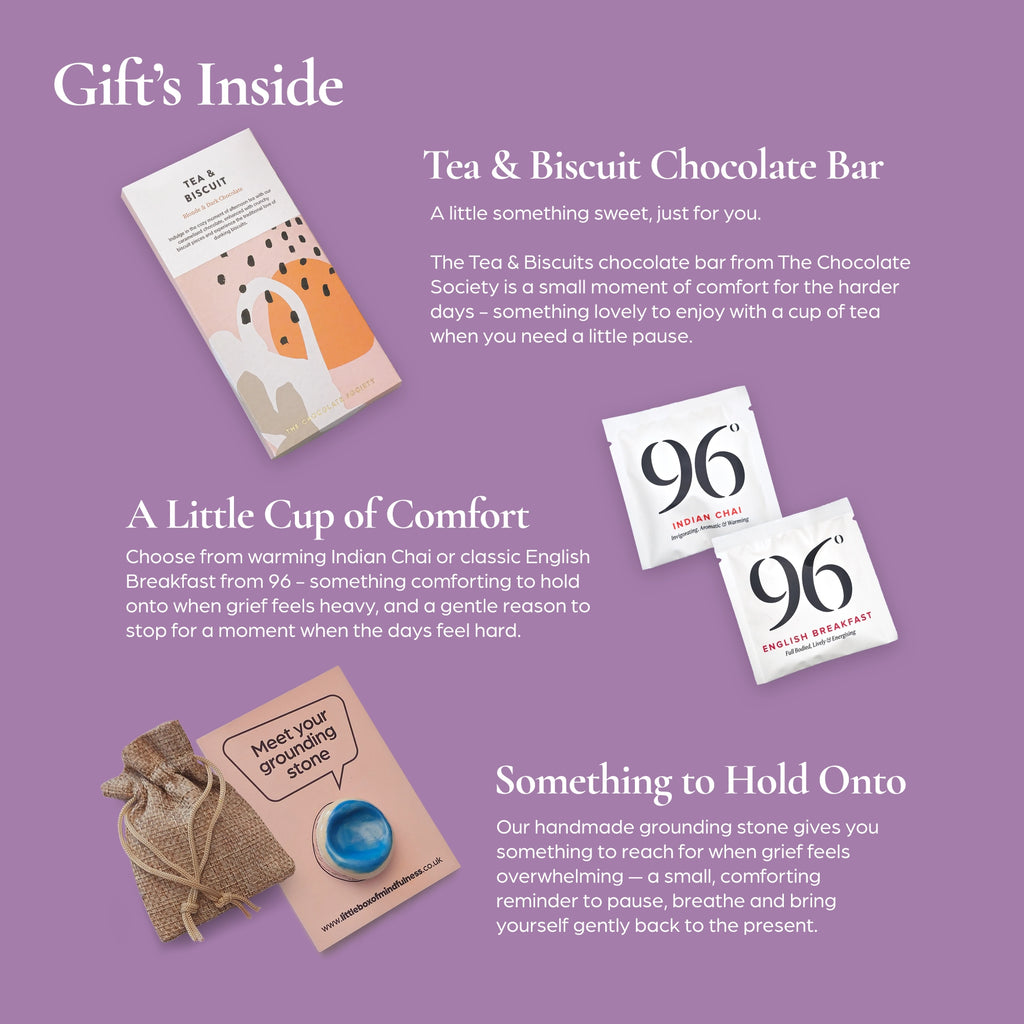 Tea & Biscuit chocolate bar, Indian Chai and English Breakfast tea bags from 96, and a handmade grounding stone with keepsake pouch, included in a grief and sympathy gift box.