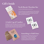 Tea & Biscuit chocolate bar, Indian Chai and English Breakfast tea bags from 96, and a handmade grounding stone with keepsake pouch, included in a grief and sympathy gift box.