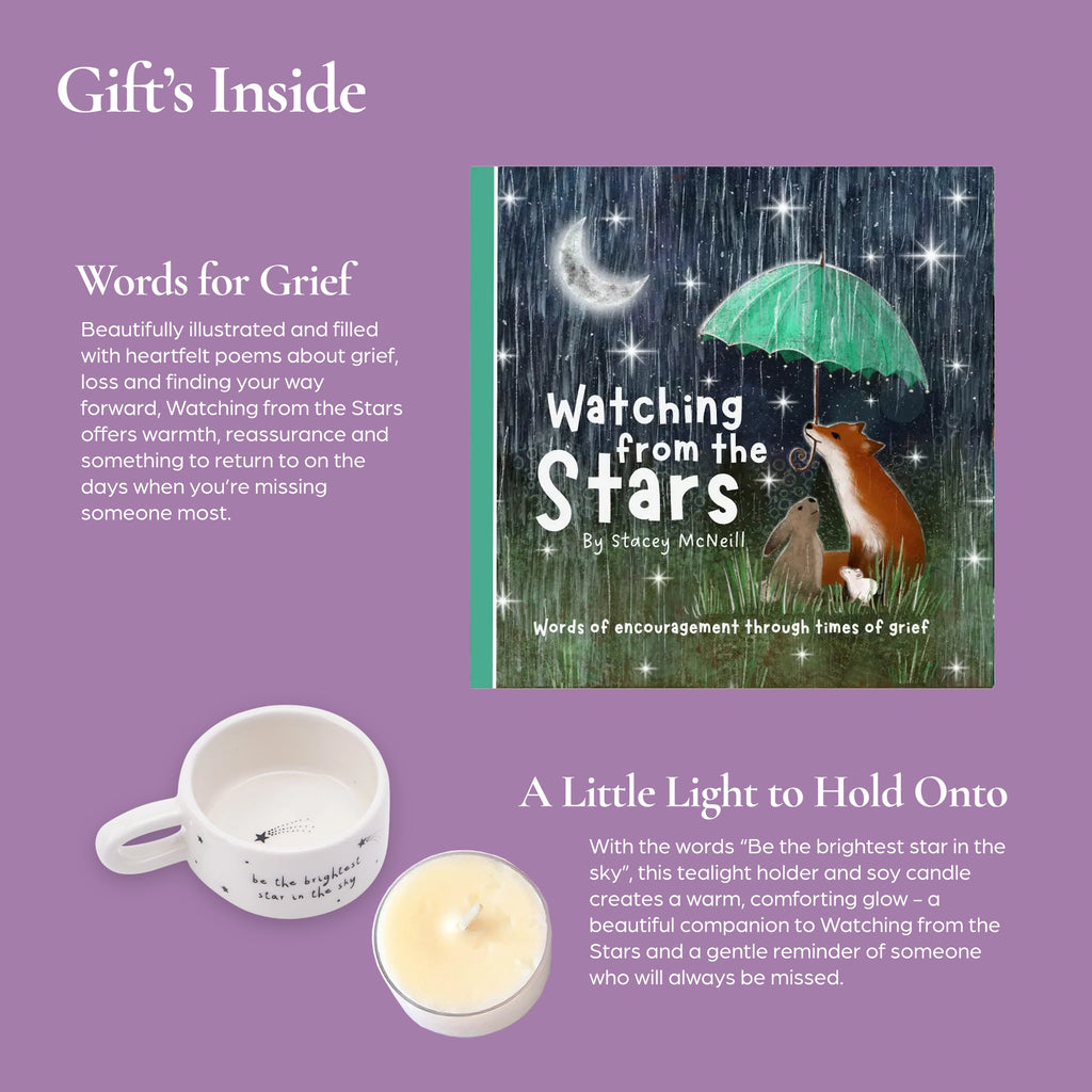 Watching from the Stars grief support book alongside a ‘Be the brightest star in the sky’ tealight holder and soy candle, presented as part of a condolence gift box.