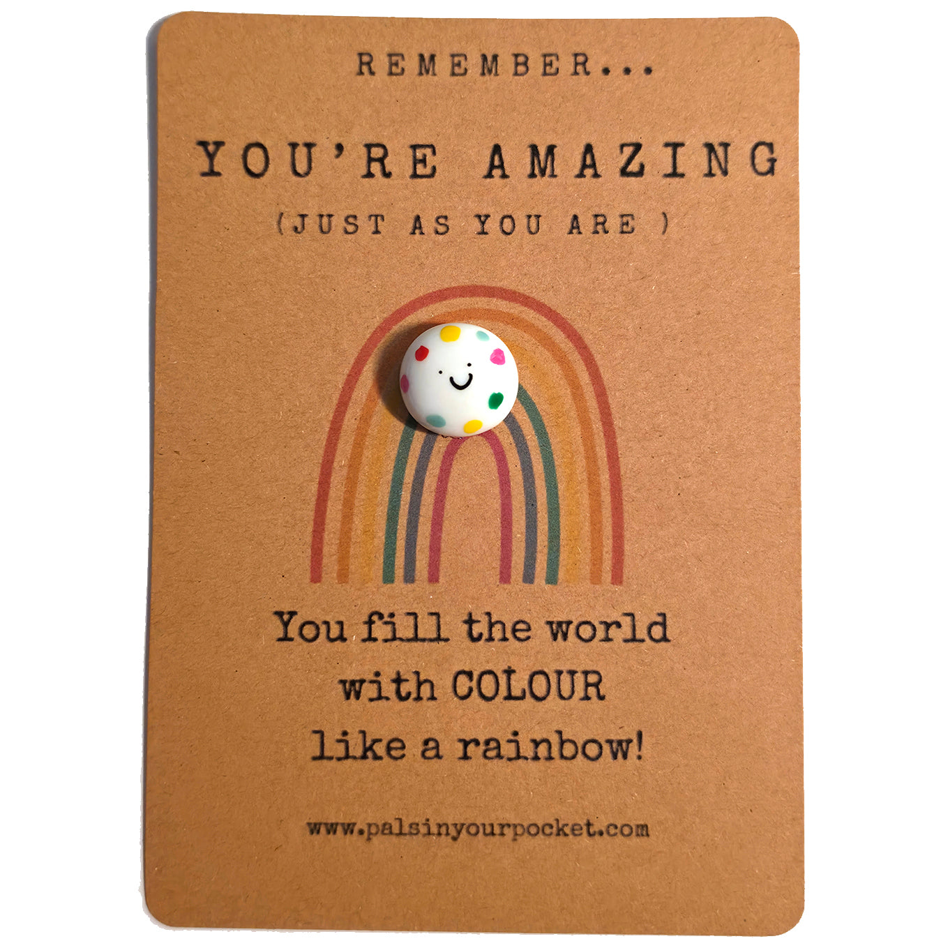 Remember You're Amazing mindfulness pebble with colourful dots on affirmation card celebrating positivity and self-worth.