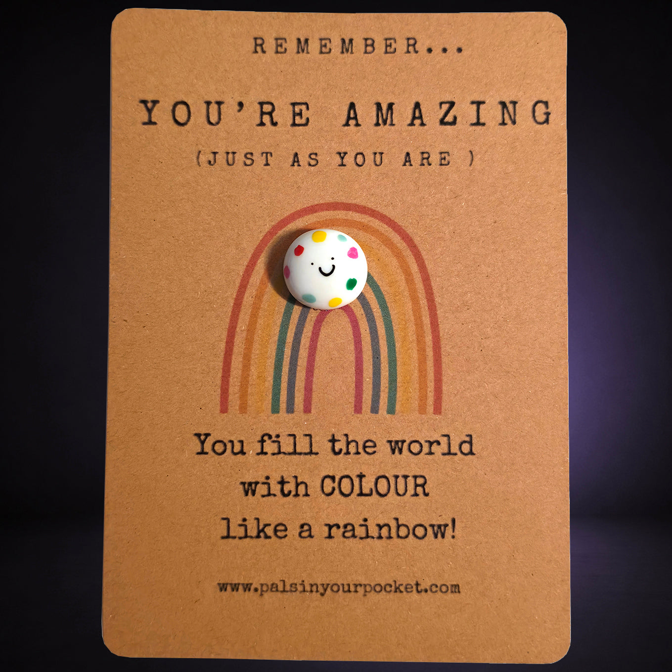 Remember You're Amazing mindfulness pebble with colourful dots on affirmation card celebrating positivity and self-worth.